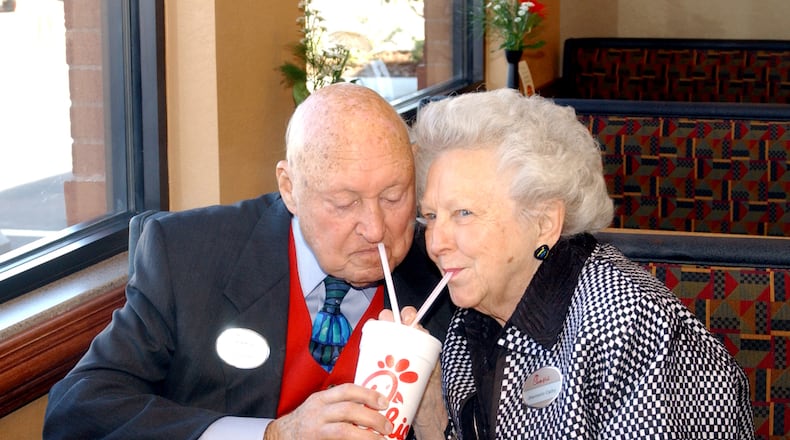 Truett and Jeannette Cathy in a Chick-fil-A, the chain they built together.