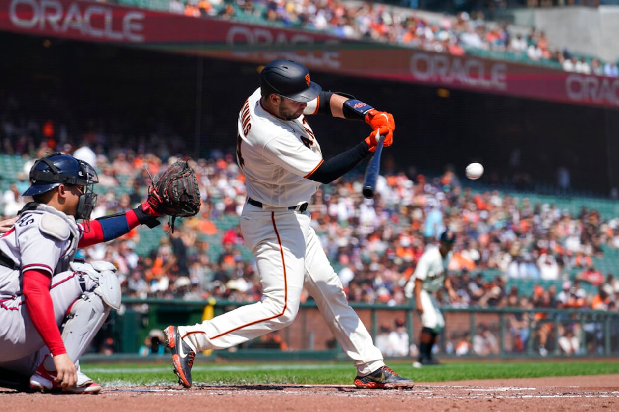San Francisco Giants' Austin Wynns hits an RBI single against the Atlanta Braves during the second inning of a baseball game in San Francisco, Wednesday, Sept. 14, 2022. (Godofredo A. Vásquez/AP)