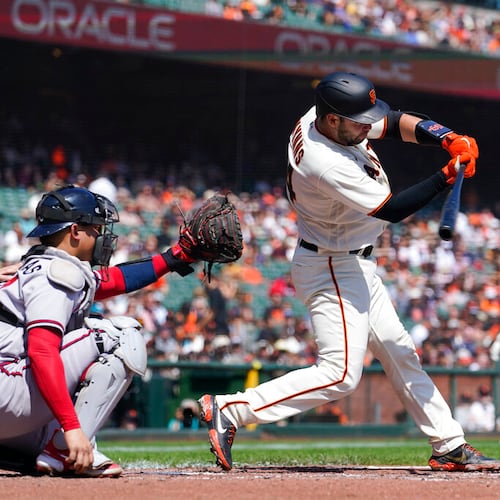 San Francisco Giants' Austin Wynns hits an RBI single against the Atlanta Braves during the second inning of a baseball game in San Francisco, Wednesday, Sept. 14, 2022. (Godofredo A. Vásquez/AP)