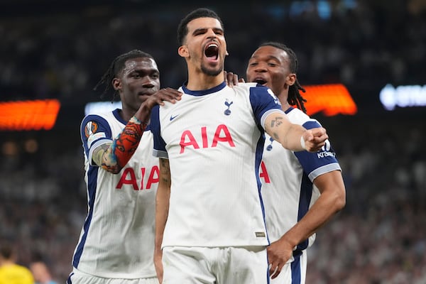 Tottenham's Dominic Solanke celebrates after scoring his side's third goal during the Europa League semifinal first leg soccer match between Tottenham Hotspur and Bodo/Glimt at the White Hart Lane stadium in London, Thursday, May 1, 2025. (AP Photo/Kirsty Wigglesworth)