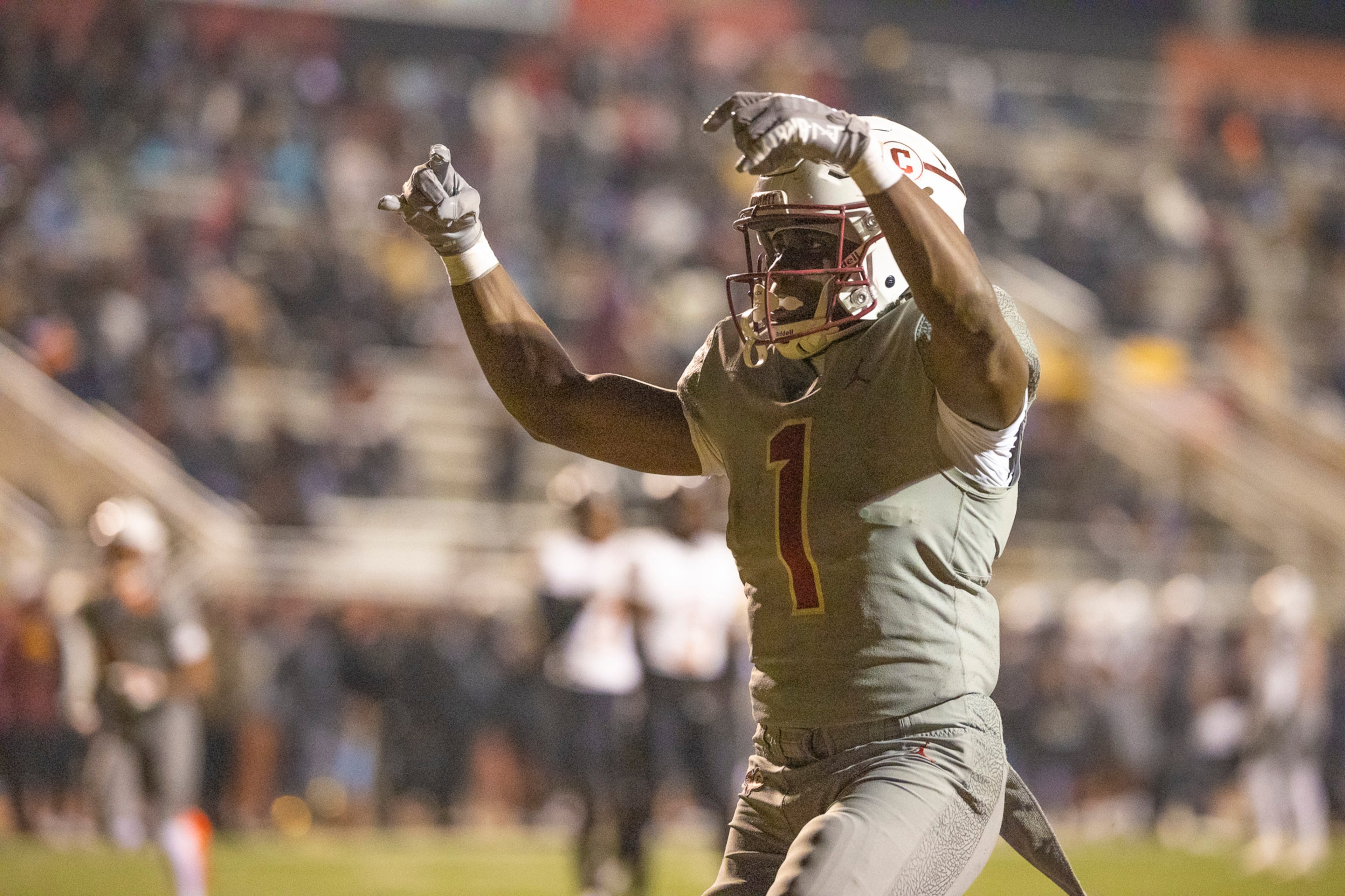 Creekside runing back Gary Walker (1) celebrates the game-winning touchdown during the second half of the class 4A semifinal against Kell at Creekside High School in Fairburn, GA on Friday, December 5, 2025. (Oscar Guevara Saenz for the AJC)