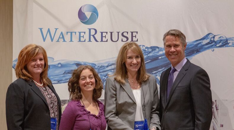 Pictured left to right are Dr. Kati Bell (Brown and Caldwell), Jen Hooper (CDM Smith), Denise Funk (Gwinnett County Department of Water Resources) and Paul Jones (President of WateReuse Board of Directors). Bell and Hooper were co-principal investigators on a research project to evaluate the feasibility and economics of using ozone/biological filtration treatment to produce drinking water directly from reclaimed water, compared to more expensive reverse-osmosis processes. (Courtesy of WaterReuse)