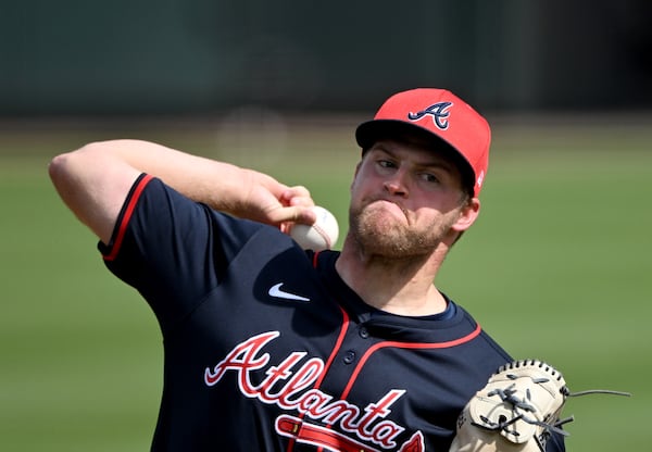 Braves pitcher Bryce Elder throws a live batting practice session during spring training.