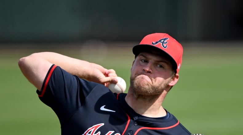 Atlanta Braves pitcher Bryce Elder throws a live batting practice session during the first full-squad spring training workouts at CoolToday Park, Tuesday, February 18, 2025, North Port, Florida. (Hyosub Shin / AJC)