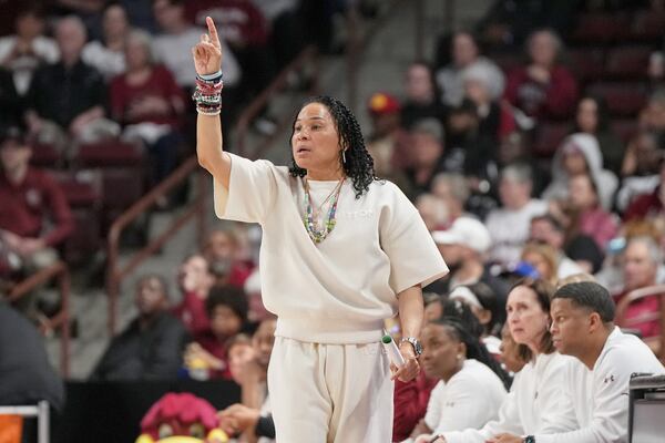 South Carolina head coach Dawn Staley directs her team against Tennessee Tech during the first half in the first round of the NCAA college basketball tournament, Friday, March 21, 2025, in Columbia, S.C. (AP Photo/David Yeazell)