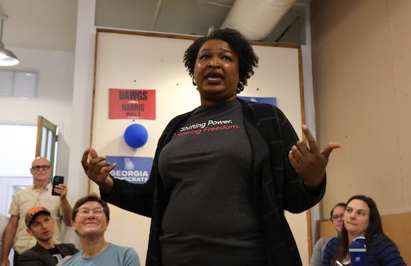Stacey Abrams speaks at a campaign event in Athens for then-2024 presidential candidate Kamala Harris. (C.J. Bartunek for the AJC)