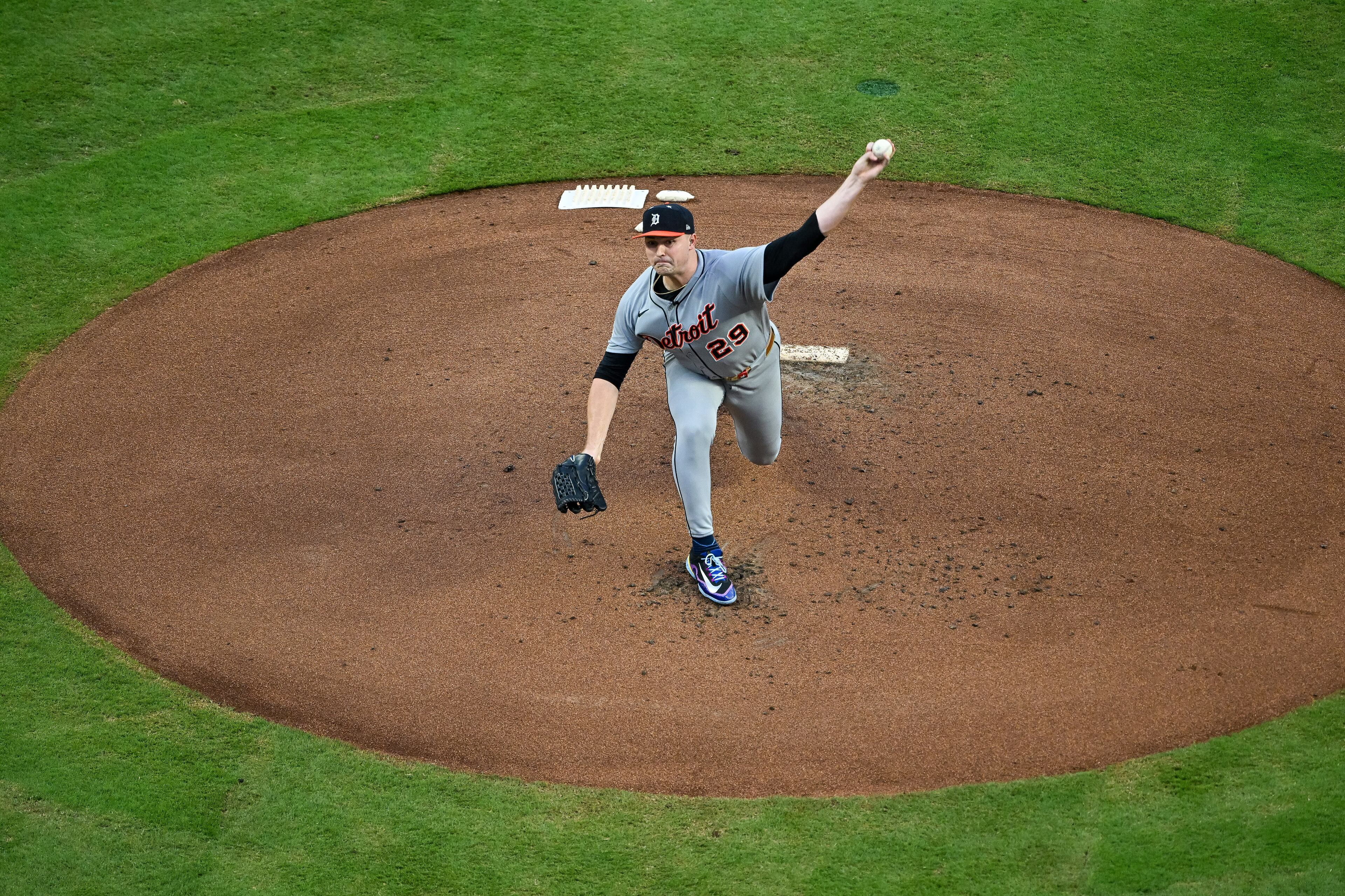 American League starting pitcher Tarik Skubal of the Detroit Tigers delivers to the National League during the first inning of the MLB All-Star Game at Truist Park in Atlanta on Tuesday, July 15, 2025. (Hyosub Shin/AJC)