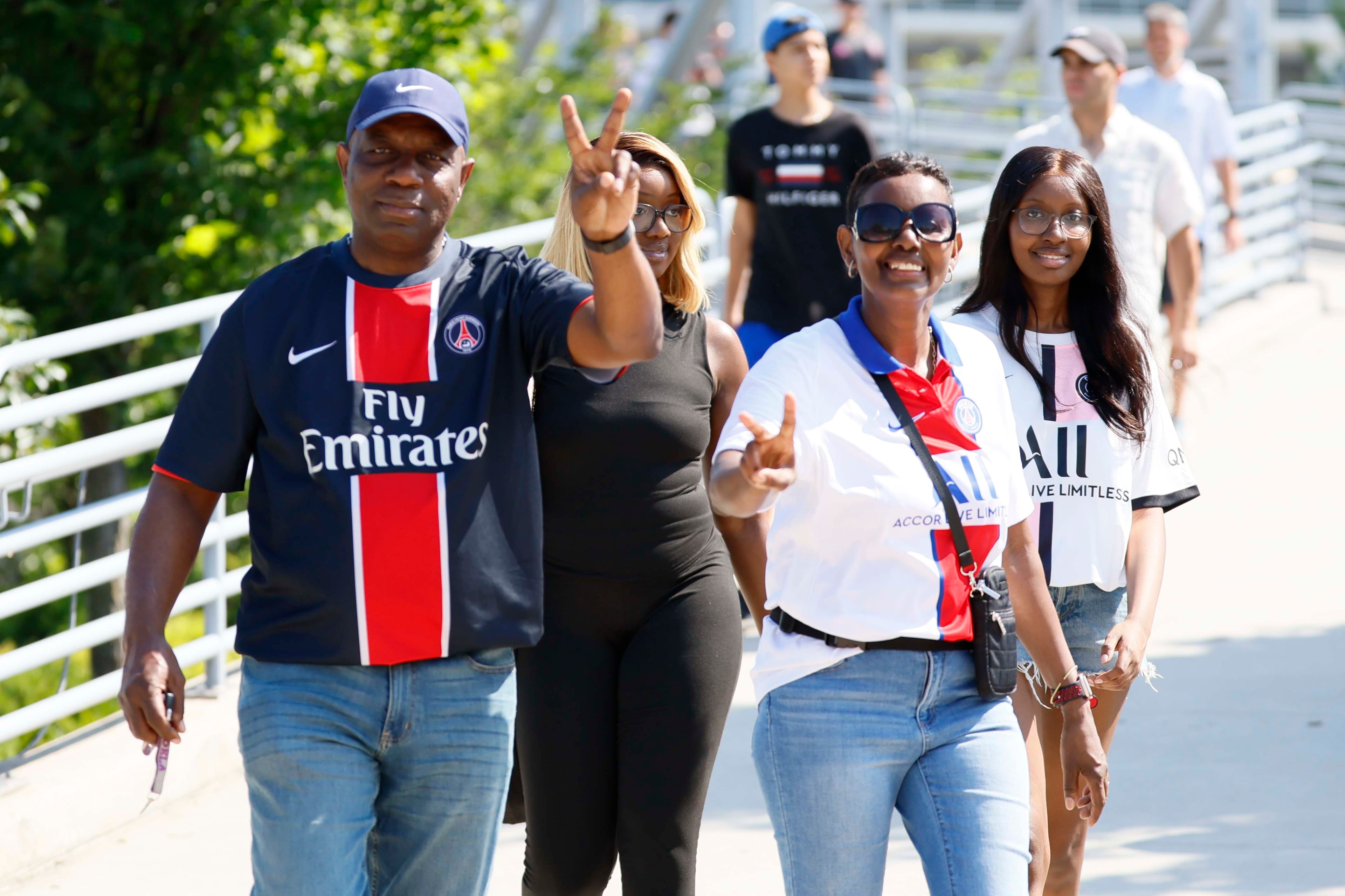 PSG fans signal to the camera as they arrived to the Mercedes-Benz Stadium for the Club World Cup round of 16 soccer match between Paris Saint-Germain FC and Inter Miami in Atlanta, Georgia, on Sunday, June 29, 2025.
(Miguel Martinez/ AJC)