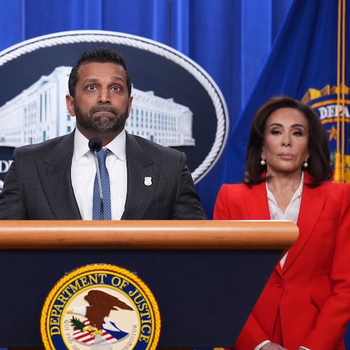 FBI Director Kash Patel, flanked by Attorney General Pam Bondi, left, and Jeanine Pirro, U.S. Attorney for the District of Columbia, appears before reporters at the Justice Department, Friday, Feb. 6, 2026, in Washington, to announce the capture of a key participant in the 2012 attack on a U.S. compound that killed four Americans in Benghazi, Libya. (AP Photo/J. Scott Applewhite)