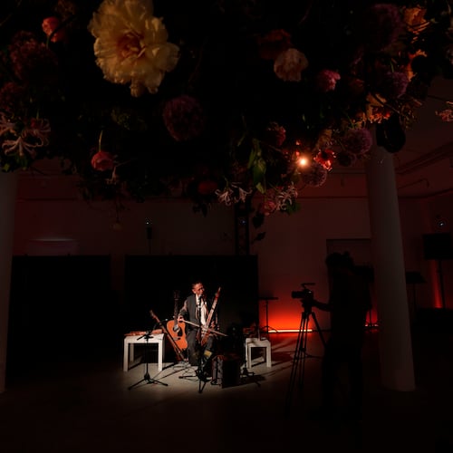 Musician Alexey Khovalyg performs inside the Russia pavilion at the Venice 2026 Biennale Art, Italy, Tuesday, May 5, 2026. (AP Photo/Luca Bruno)