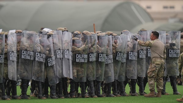 Members of the California National Guard conduct exercises after being deployed to the Los Angeles protests Wednesday, June 11, 2025, in Los Alamitos, Calif. (AP Photo/Jae C. Hong)