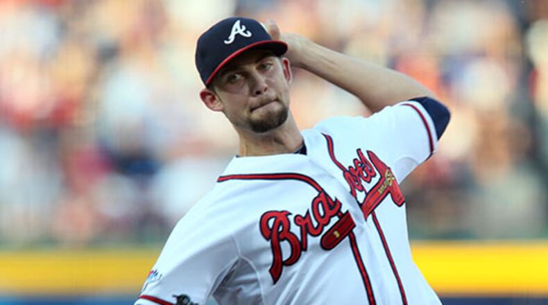 OCTOBER 4, 2013 ATLANTA Atlanta Braves starting pitcher Mike Minor (36) works in the first inning of the second game of the National League Division series between the Los Angeles Dodgers and Atlanta Braves at Turner Field, Friday, October 4, 2013. PHIL SKINNER / PSKINNER@AJC.COM