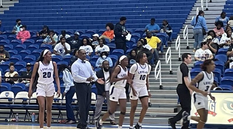 Lovejoy players return to the court after a timeout during their 71-56 victory over Rockdale County in the Class 6A girls semifinals Saturday, March 5, 2022, at the University of West Georgia.