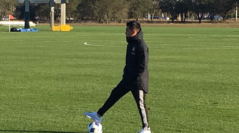Ezequiel Barco watches Atlanta United train on Tuesday.