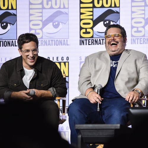 Josh Greenbaum, from left, Josh Gad, and Rick Moranis attend a panel for "Spaceballs: The New One" during Comic-Con International on Friday, July 24, 2026, in San Diego. (Photo by Richard Shotwell/Invision/AP)