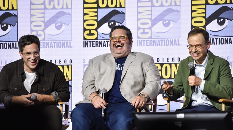 Josh Greenbaum, from left, Josh Gad, and Rick Moranis attend a panel for "Spaceballs: The New One" during Comic-Con International on Friday, July 24, 2026, in San Diego. (Photo by Richard Shotwell/Invision/AP)