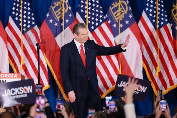 Georgia gubernatorial candidate Rick Jackson greets his supporters before he speaks at his election night party at the Westin Atlanta Perimeter North during the 2026 Georgia primary elections runoff, Tuesday, June 16, 2026, in Atlanta. (Jason Getz/AJC)