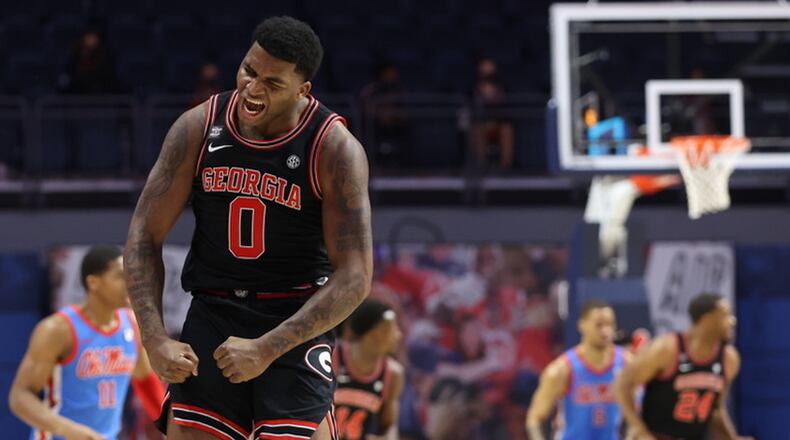 Georgia basketball player K.D. Johnson (0) celebrates during game against Ole Miss Jan. 16, 2021, in Oxford, Miss. (Joshua McCoy/Ole Miss Athletics)