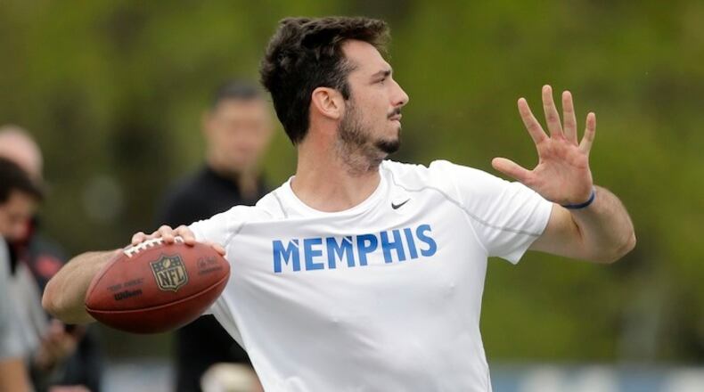 Memphis quarterback Paxton Lynch passes during the school's NFL football pro day Wednesday, April 6, 2016, in Memphis, Tenn. (AP Photo/Mark Humphrey)