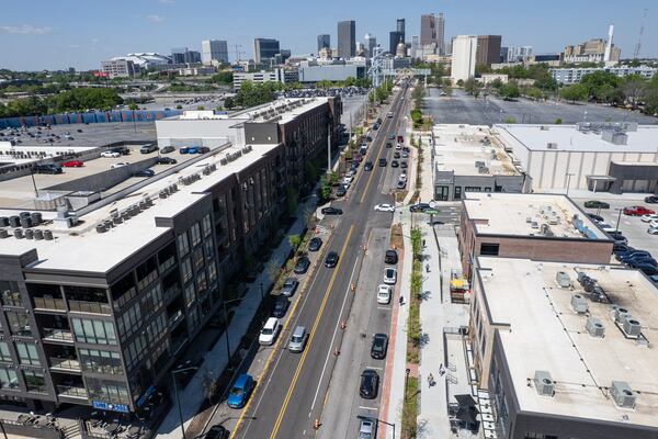 MARTA discovered long-forgotten trolley tracks under Hank Aaron Drive while working on construction of a rapid bus project in the Summerhill neighborhood of Atlanta. Photo shot looking North along Hank Aaron Drive on Tuesday, April 8, 2025.   (Ben Gray for the AJC)