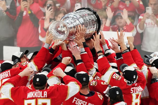 FILE - The Florida Panthers raise the Stanley Cup after defeating the Edmonton Oilers in Game 6 of the NHL hockey Stanley Cup Final in Sunrise, Fla., Tuesday, June 17, 2025. (Nathan Denette/The Canadian Press via AP, File)