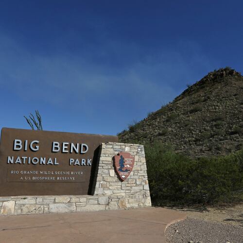 FILE - A Big Bend National Park sign at the west side entrance near Maverick Junction, May 24, 2019, in Big Bend National Park in Texas. (Jacob Ford/Odessa American via AP)
