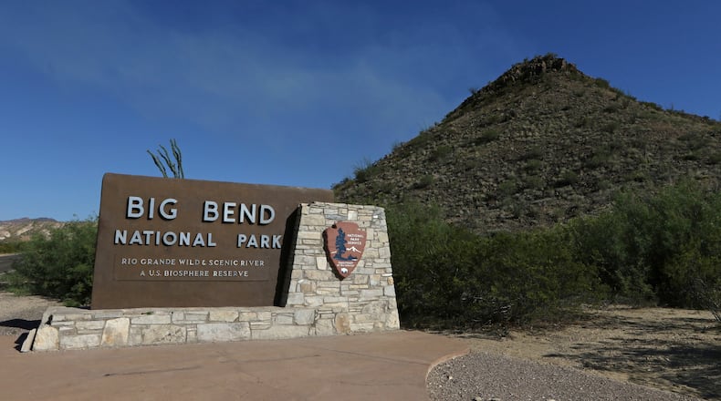 FILE - A Big Bend National Park sign at the west side entrance near Maverick Junction, May 24, 2019, in Big Bend National Park in Texas. (Jacob Ford/Odessa American via AP)
