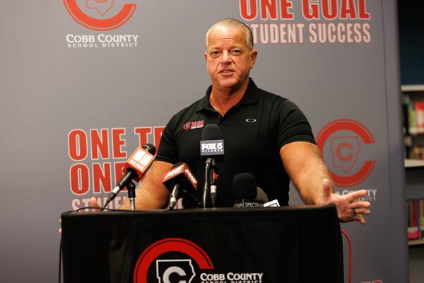 Cobb County School District Superintendent Chris Ragsdale, seen here speaking to reporters last month. (Estela Muñoz/AJC)