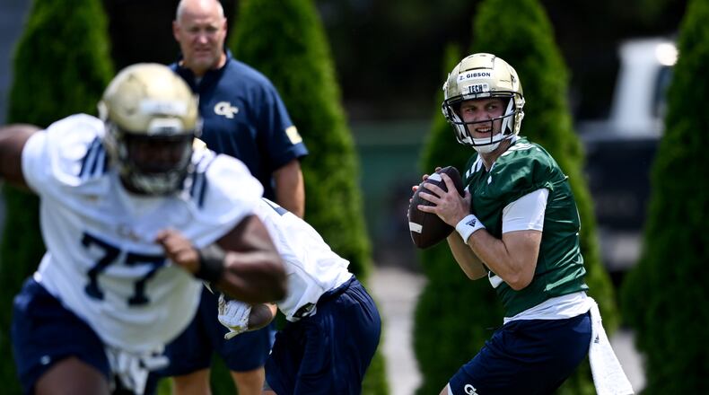Georgia Tech quarterback Zach Gibson (15) prepares to throw a ball during a practice at Rose Bowl Field, Tuesday, Aug. 1, 2023, in Atlanta. (Hyosub Shin / Hyosub.Shin@ajc.com)