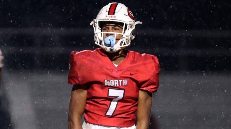 North Gwinnett defensive back Jordan Hancock (7) celebrates a defensive play against Shiloh in the first half at North Gwinnett High School Friday, Nov. 15, 2019, in Suwanee.