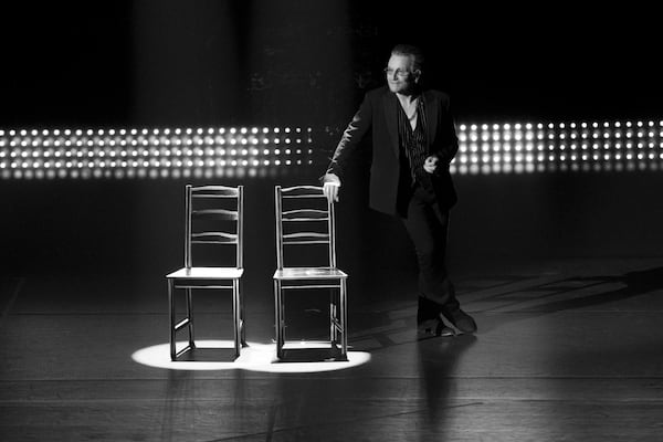 This image released by Apple TV+ shows Bono, lead singer of the Irish rock band U2, in a scene from the documentary “Bono: Stories of Surrender." (Apple TV+ via AP)