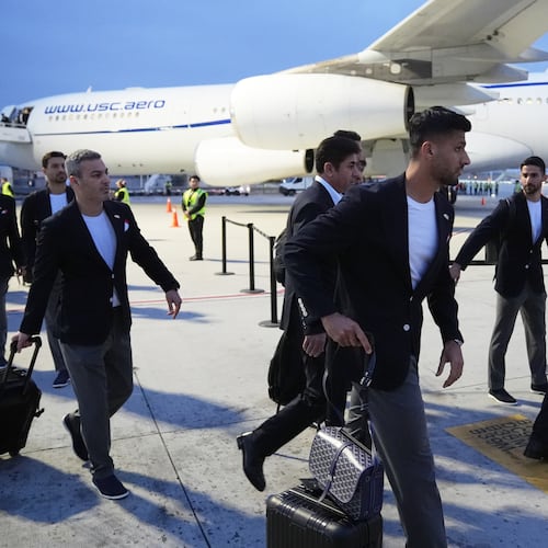 Players for Iran arrive for the World Cup soccer tournament in Tijuana, Mexico, Sunday, June 7, 2026. (AP Photo/Gregory Bull)
