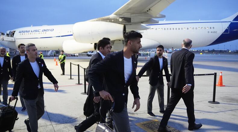 Players for Iran arrive for the World Cup soccer tournament in Tijuana, Mexico, Sunday, June 7, 2026. (AP Photo/Gregory Bull)