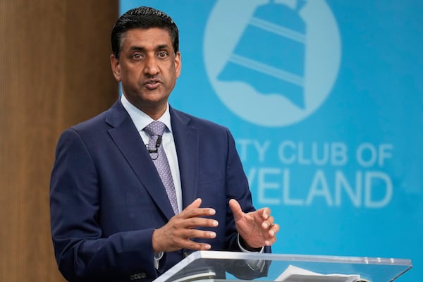 FILE - Rep. Ro Khanna, D-Calif., speaks to the City Club of Cleveland, in Cleveland, April 14, 2025. (AP Photo/Sue Ogrocki, File)