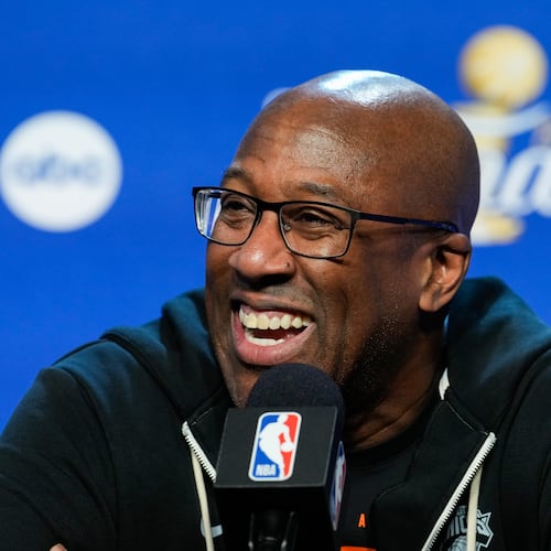 New York Knicks head coach Mike Brown speaks during a news conference prior to Game 5 of the NBA Finals basketball series against the San Antonio Spurs, Friday, June 12, 2026, in San Antonio. (AP Photo/Ross D. Franklin)