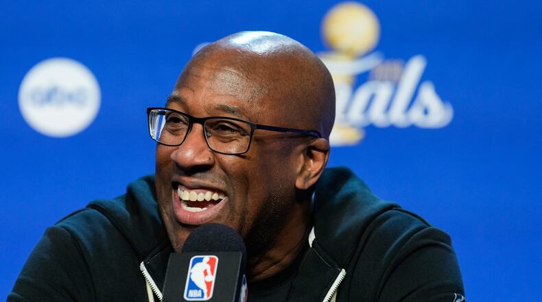New York Knicks head coach Mike Brown speaks during a news conference prior to Game 5 of the NBA Finals basketball series against the San Antonio Spurs, Friday, June 12, 2026, in San Antonio. (AP Photo/Ross D. Franklin)