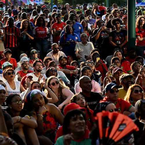 Soccer fans gather to watch the World Cup match between Morocco and Haiti at the FIFA Fan Festival in Centennial Olympic Park on Wednesday, June 24, 2026, in Atlanta. High temperatures on Saturday are expected to reach 92 degrees, according to the National Weather Service. (Hyosub Shin/AJC)