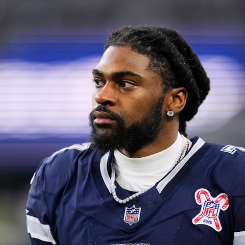 FILE - Dallas Cowboys cornerback Trevon Diggs (7) walks along the sideline during the first half of an NFL football game against the Los Angeles Chargers, Dec. 21, 2025, in Arlington, Texas. (AP Photo/Tony Gutierrez, File)