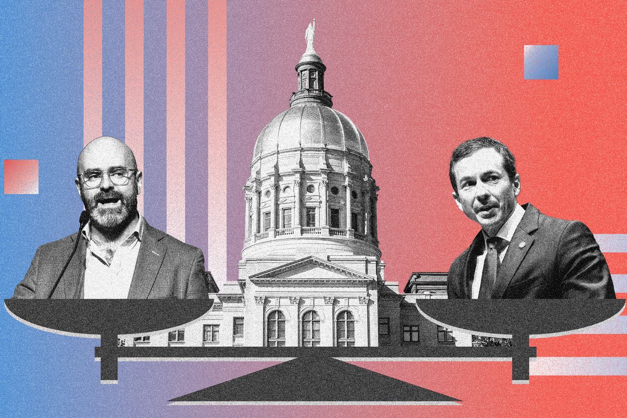 Georgia lieutenant governor candidates Josh McLaurin (left) and Greg Dolezal. (Photo Illustration: Jessi Esparza / AJC | Source: Arvin Temkar/AJC, Getty Images)