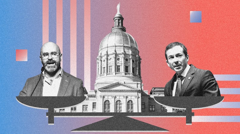 Georgia lieutenant governor candidates Josh McLaurin (left) and Greg Dolezal. (Photo Illustration: Jessi Esparza / AJC | Source: Arvin Temkar/AJC, Getty Images)