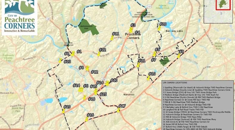 Map shows the location of 25 license plate reader cameras to be installed along Peachtree Corners' main thoroughfares. (Courtesy City of Peachtree Corners)