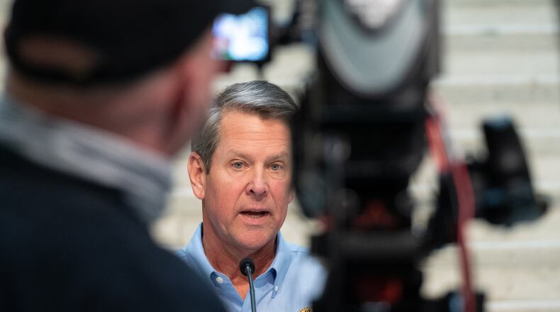 200408-Atlanta-Gov. Brian Kemp gives remarks and answers questions during a press conference Wednesday afternoon April 8, 2020 at the Georgia State Capitol. Ben@BenGray.com for the Atlanta Journal-Constitution