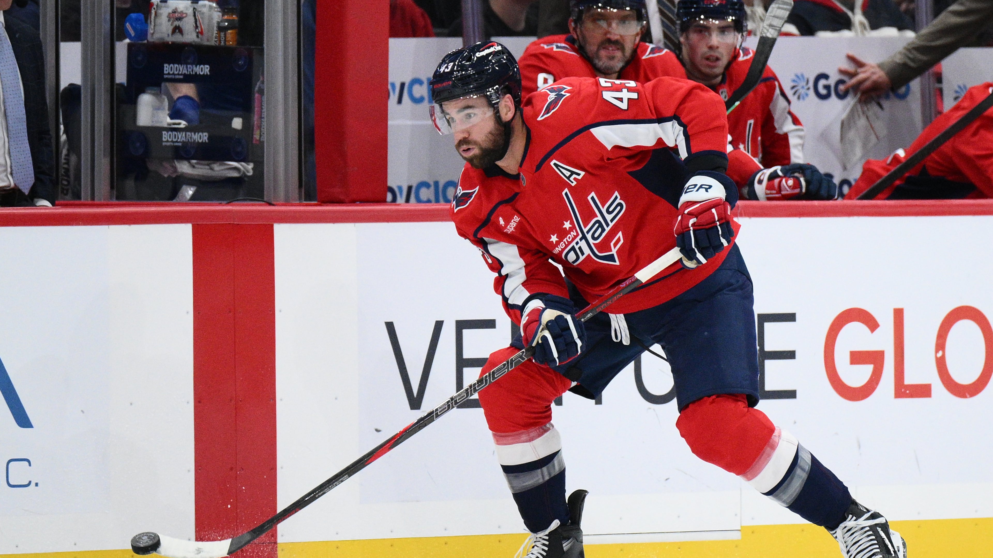 Washington Capitals right wing Tom Wilson (43) skates with the puck during the first period of an NHL hockey game against the Tampa Bay Lightning, Tuesday, Oct. 14, 2025, in Washington. (AP Photo/Nick Wass)