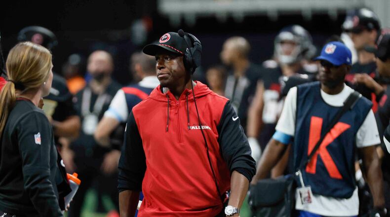 Atlanta Falcons head coach Raheem Morris looks at the field during the second half of an NFL football game against the Pittsburgh Steelers on Sunday, Sept. 8, at Mercedes-Benz Stadium in Atlanta. 
(Miguel Martinez/ AJC)