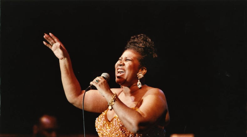 Aretha Franklin performs at Chastain Park Amphitheatre in 1993.
