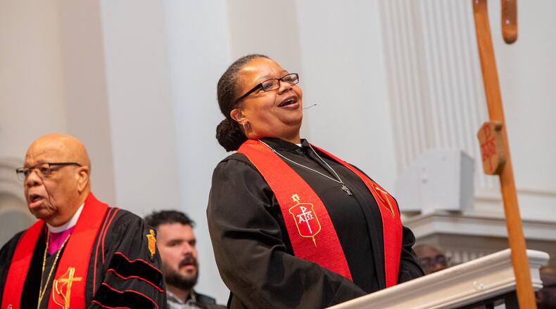 Bishop Robin Dease is installed as leader of the North Georgia Conference United Methodist Church on Sunday, Jan 8, 2023.  She is the first African-American female appointed to the position.   (Jenni Girtman for the Atlanta Journal-Constitution)