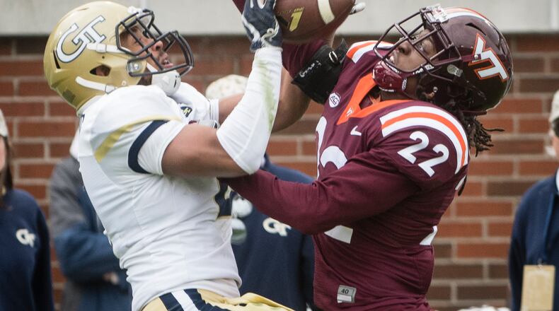Georgia Tech wide receiver Ricky Jeune (2) vies for a pass with Virginia Tech safety Terrell Edmunds (22) during the first half of a football game on Saturday, Nov.11, 2017, in Atlanta. (Photo/John Amis)