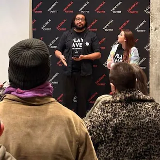 At a recent event hosted at Theatrical Outfit, Play Haven founders Joey Davila, left, and Charis Sellick announced an inaugural series of play readings. (Courtesy of Play Haven)