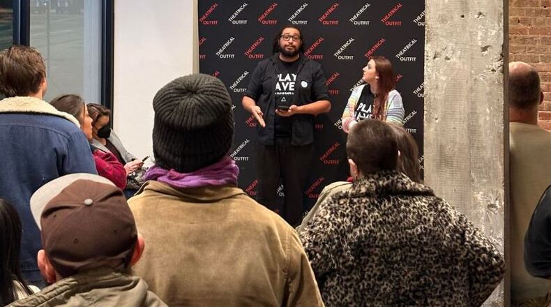 At a recent event hosted at Theatrical Outfit, Play Haven founders Joey Davila, left, and Charis Sellick announced an inaugural series of play readings. (Courtesy of Play Haven)