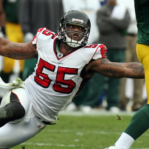 Falcons defensive end John Abraham terrorized quarterbacks for 15 seasons and had 133.5 sacks, earning him a chance at the Hall of Fame. (File/AJC 2008)